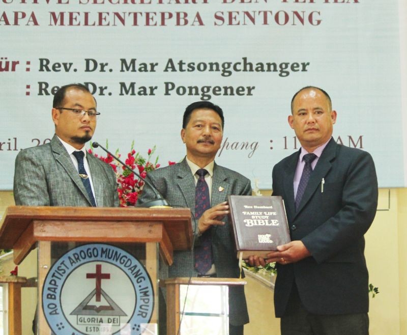 (From Right) Rev Dr Mar Pongener, Rev Dr Mar Atsongchanger with Dr Lolen Imchen, President, ABAM during the handing and taking over of the ABAM Executive Secretary at Impur on April 1.